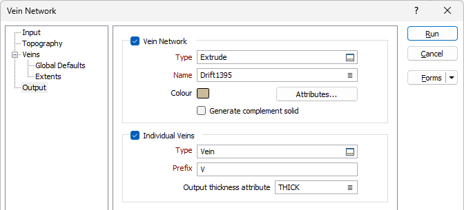 The Output tab of the Vein Network form