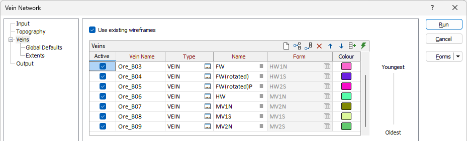 The Veins grid in the Veins tab of the Vein Network form
