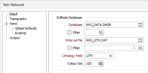 The Input options for the Vein Network form
