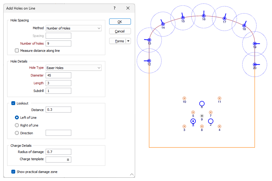 An example of the Add Holes on Line function
