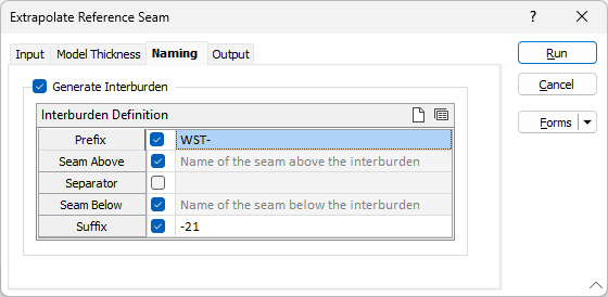 The Generate Interburden Blocks options in the Output tab