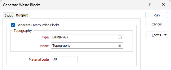 The Generate Overburden Blocks options on the Output tab