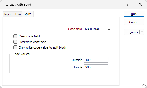 The options on the Split tab of the Intersect with Solid form