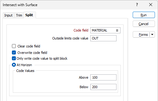 The options on the Split tab of the Intersect with Surface form