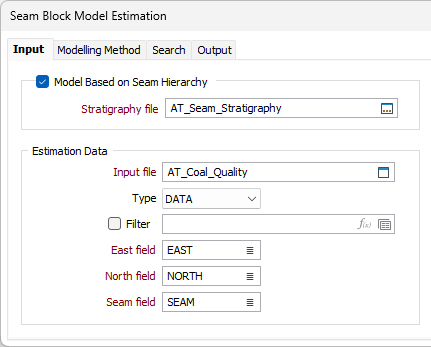 The Input options on the Seam Block Model Estimaton form