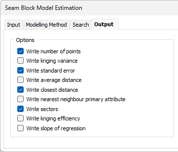 The Options on the Output tab of the Seam Block Model Estimation form