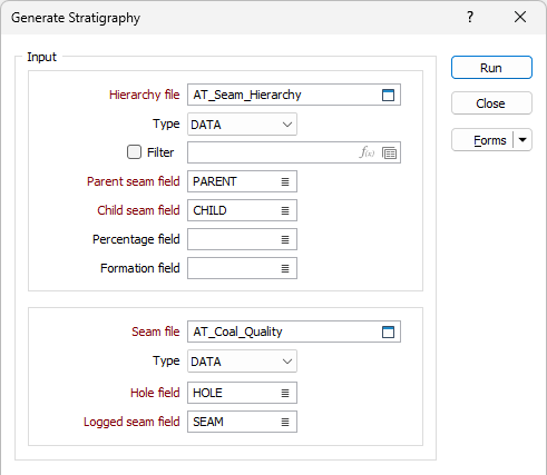 The Input options on the Generate Stratigraphy form