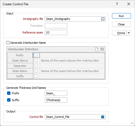 The Create Control File form