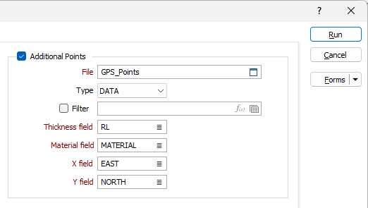 The Additional Points options on the Input/Output tab of the Create Thickness Grids form