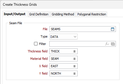 The Seam File options on the Input/Output tab of the Create Thickness Grids form