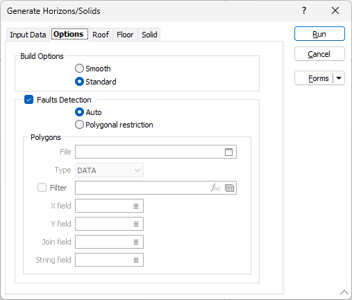 The Options tab of the Generate Horizons/Solids form