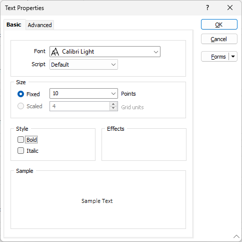 The Text Properties form