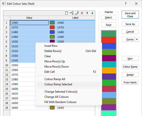 The Edit Colour Set right-click menu