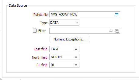 The Data Source options on the Input tab of the Estimate Wireframe Grade Tonnage form