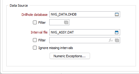 The Data Source options on the Input tab of the Estimate Wireframe Grade Tonnage form