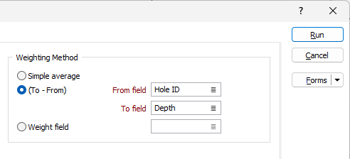 The Weighting Method options on the Input tab of the Estimate Wireframe Grade Tonnage (3D Points) form
