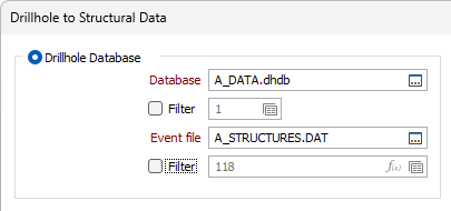 The Drillhole Database options in the Drillhole to Structural Data form