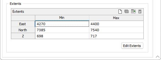 The Extents grid on the Options tab of the Point Cloud Modelling form