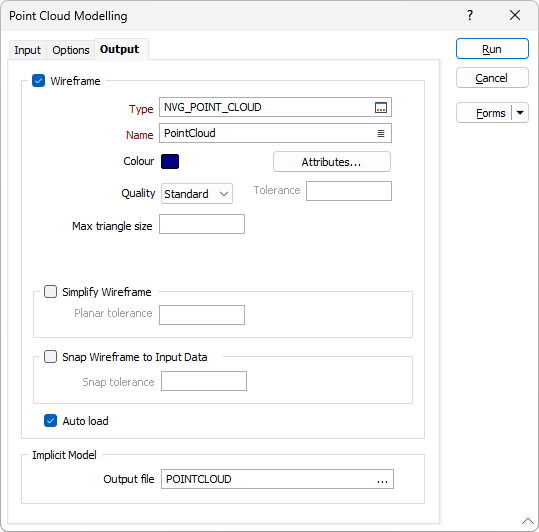The Output tab of the Point Cloud Modelling form