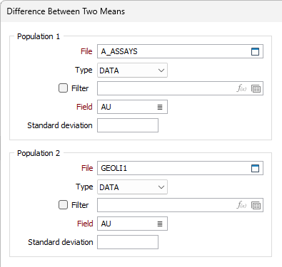 Population 1 and Population 2 settings in the Difference Between Two Means form