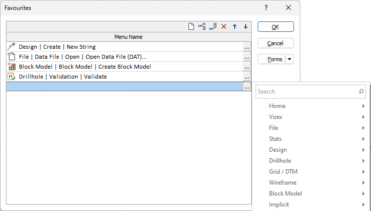 The Command menu in the Favourites form