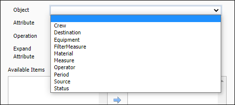 The Object drop down in the Parameters grid