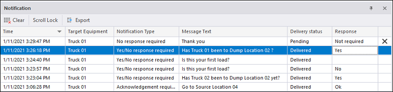 The Notifications pane with message responses shown