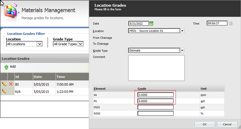The Location Grades dialog with Grade values entered