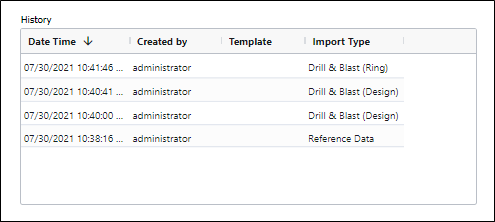 The History grid in the Import dialog