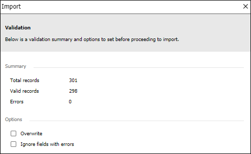 The Import dialog Validation page