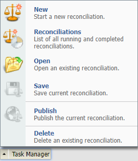 The Task Manager menu in the Reconciliations screen of Materials Management