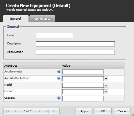 The Create New dialog for the Equipment group