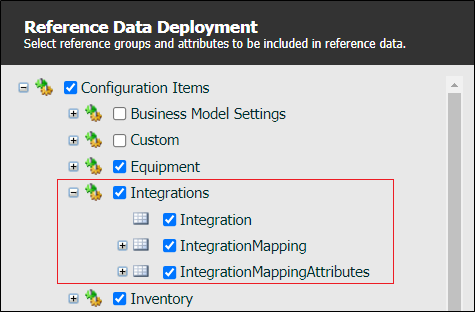 The Integrations groups in the Reference Data Deployment dialog