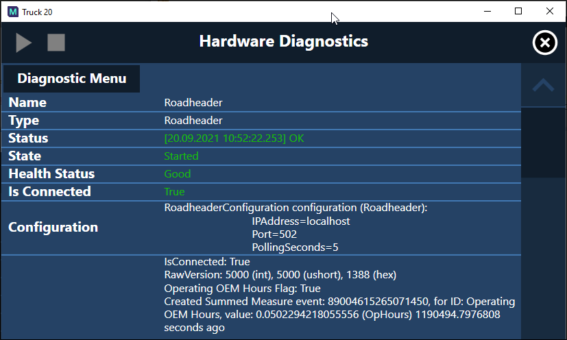 The Roadheader status in the Hardware Diagnostics screen